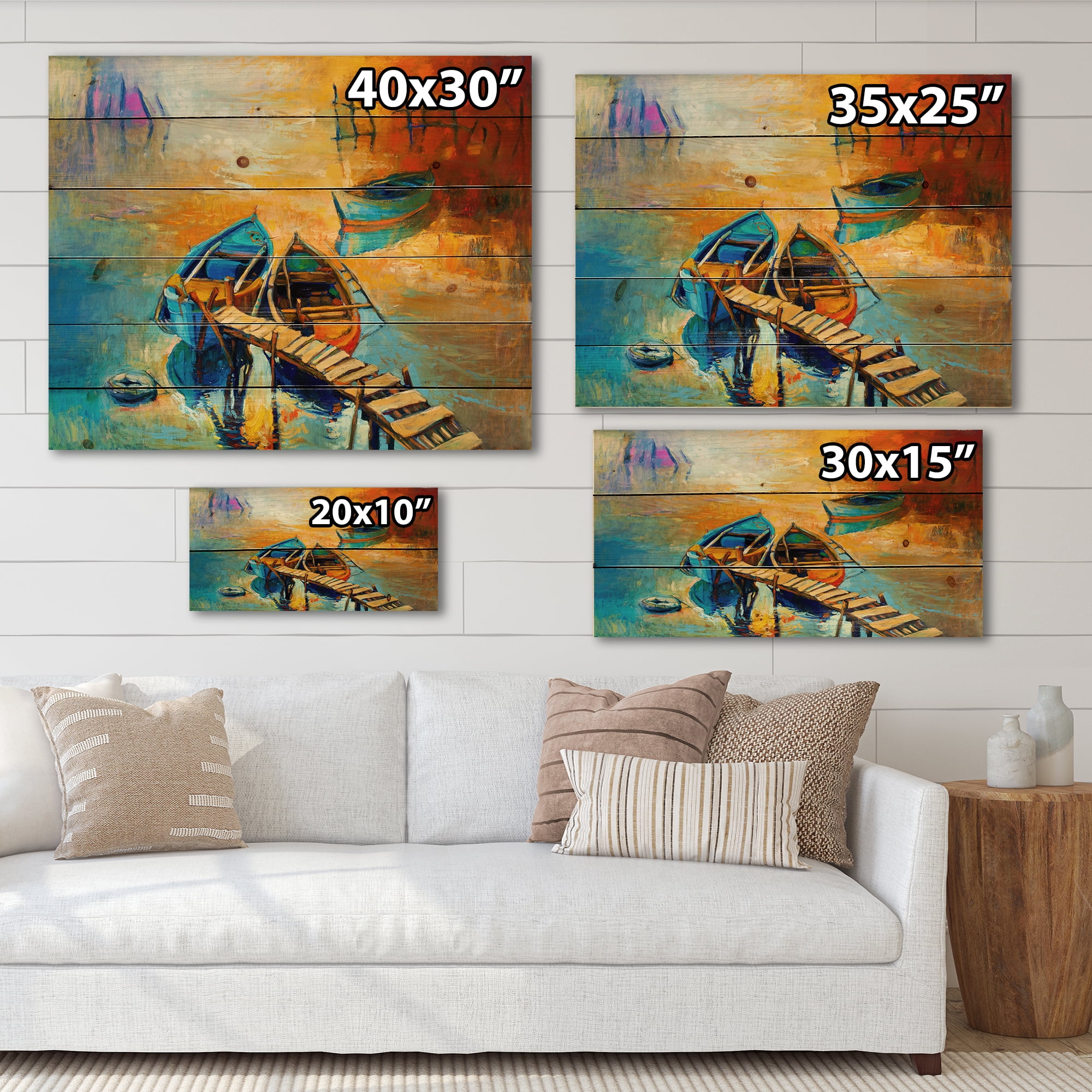 Designart 'Boat At The Lake During Evening Glow V' Nautical & Coastal Print on Natural Pine Wood
