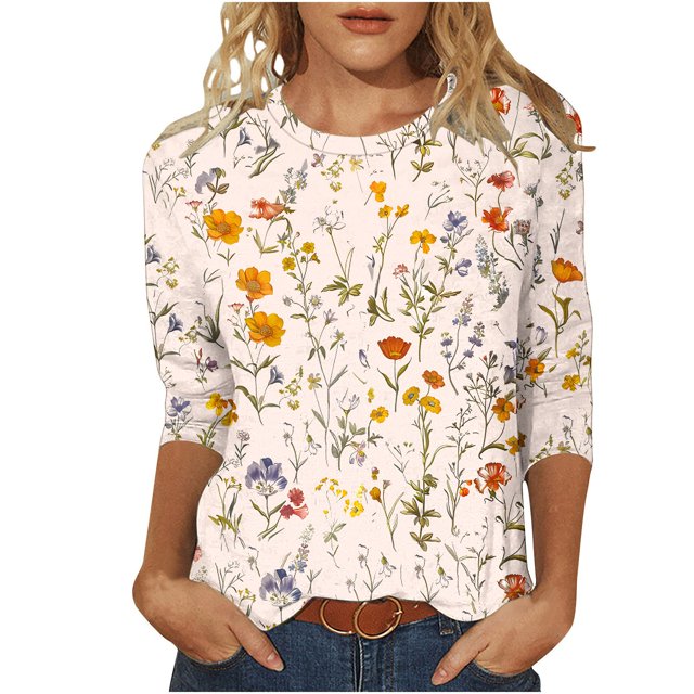 YanHoo Hauts à Manches 3/4 pour Femmes Grande Taille T-Shirts à Manches 3/4 à Col Rond Coupe Ample T-Shirts Graphiques à Manches 3/4 pour Femmes T-Shirts à Manches 3/4 Cadeaux de la Fête des Mères