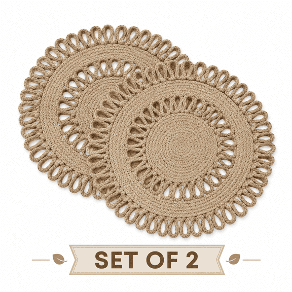 Handwoven Jute Round Table Placemat Set of 2, Braided Heat Resistant Dining Table Mats, Natural Fiber Place Mats for Kitchen, Coffee Table & Home Decor
