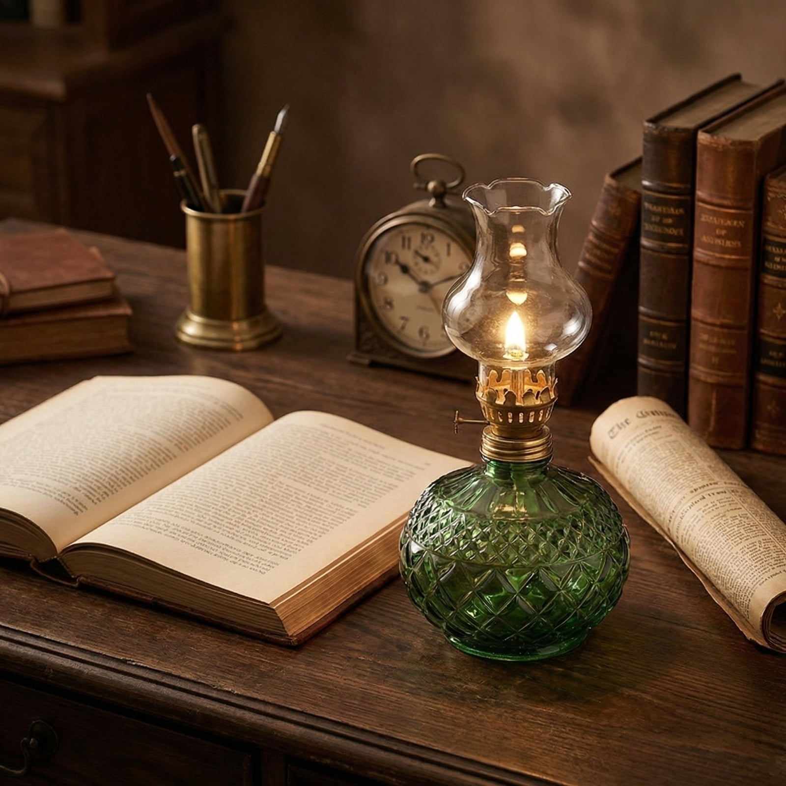 Vintage Crystal Kerosene Lamp, Clear Glass Body with Classic Brass Accents, for Home Decor, Camping, Emergency Lighting, Nostalgic Ambiance Creation