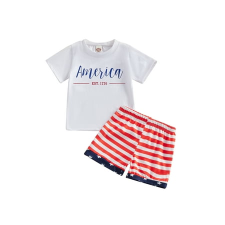 

Wassery Toddler Baby Boys 4th of July Clothes Summer Outfit Sets 6M 12M 2T 3T Infant White Short Sleeve Letter T-shirt Tops Striped Shorts 2Pcs Independence Day Clothes Set