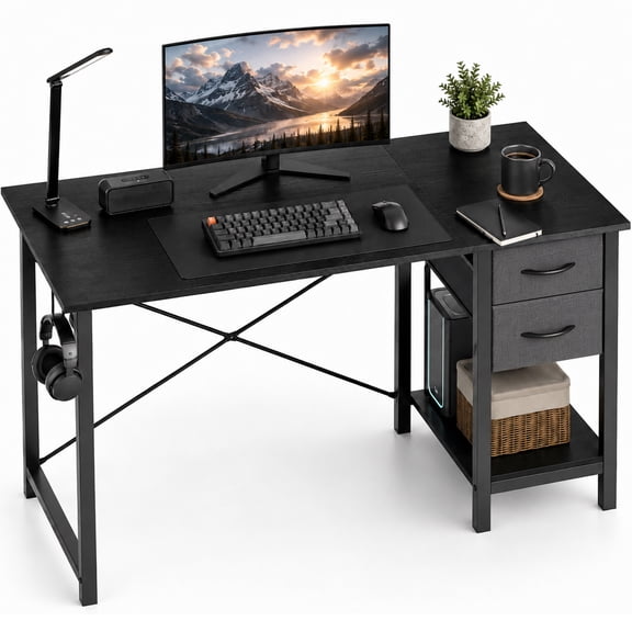 edx 47” Home Office Computer Desk with 2 Fabric Drawers, Storage Shelf, X-Frame Support, Spacious Computer Workstation Writing and Study Desk,Black Grain