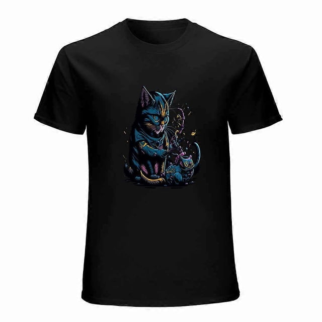 Cat playing with toys T-shirt Cartoon pattern T-shirt Unisex tees Retro T-shirt