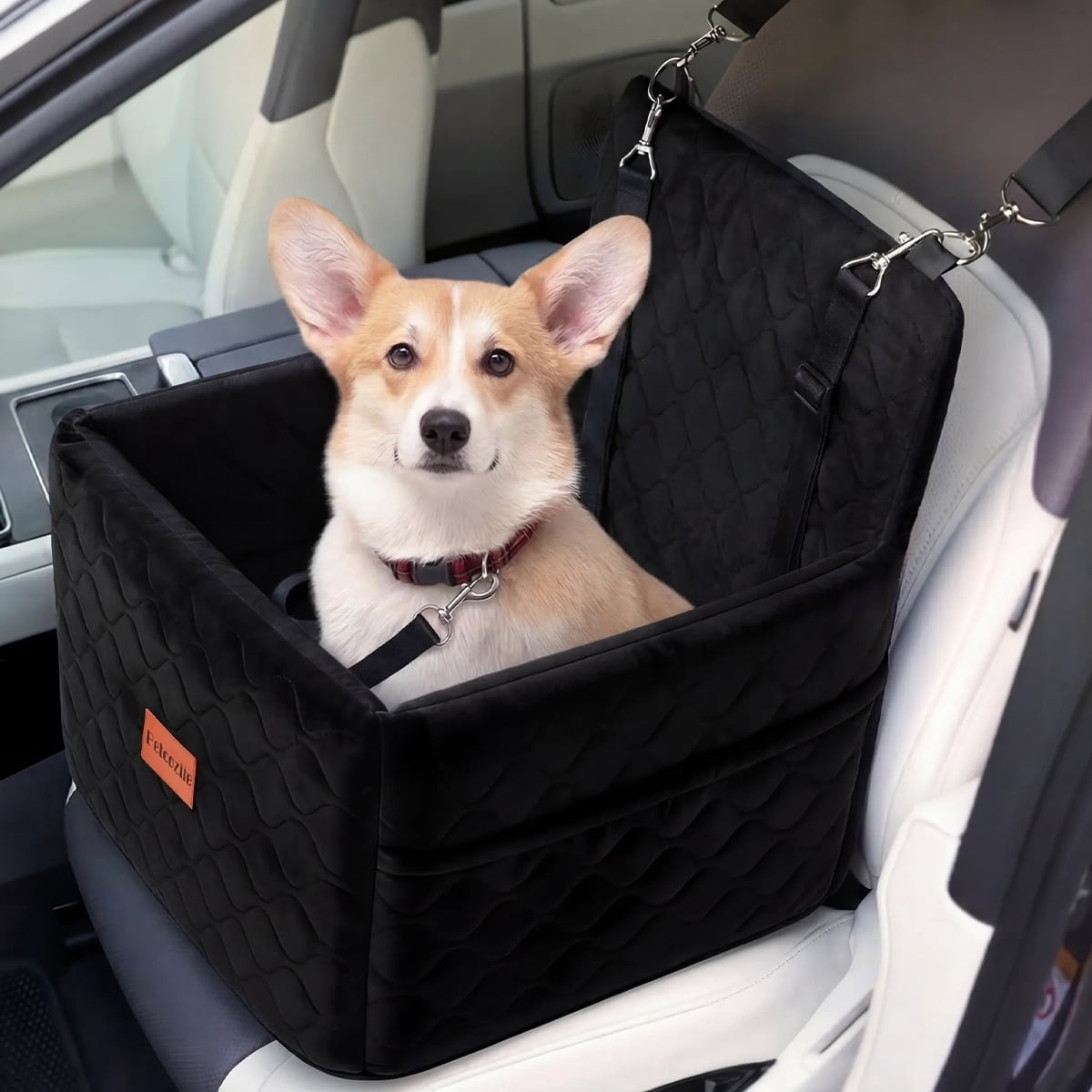 Dog Booster Car Seat for Small/Medium Dogs Up to 35lbs, DOMIPET Pet Car Travel Bed with Storage Pockets & Safety Belt, Elevated Cushion Fully Detachable and Washable