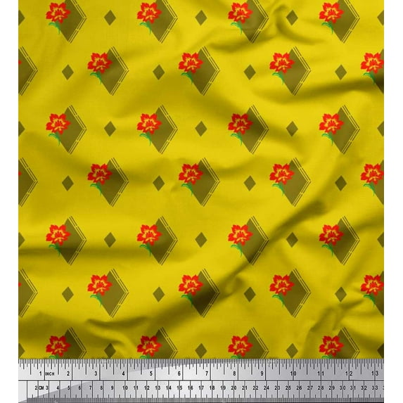 Soimoi polyester Crepe Fabric Diamond Shape & Floral Artistic Print Fabric by the Yard 42 Inch Wide