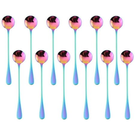

LIJCC 12Pc Creative Coffee Scoop Cross-Border Ice Cream Scoop Rainbow Long Handle Spoon Mdealy 7” Stainless Steel Round Mixing Spoon Coffee Ice Spoon Cocktail Mixing Silverware Spoon Set for 12