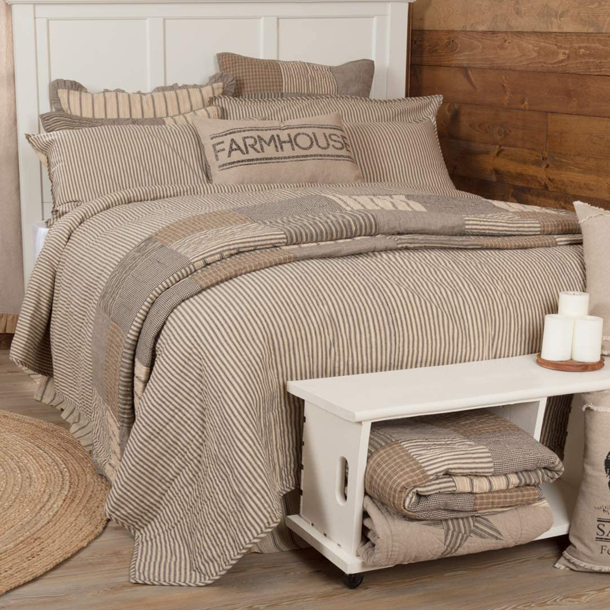 VHC Brands Sawyer Mill Ticking Stripe Cotton Quilt Coverlet, Grey, Twin