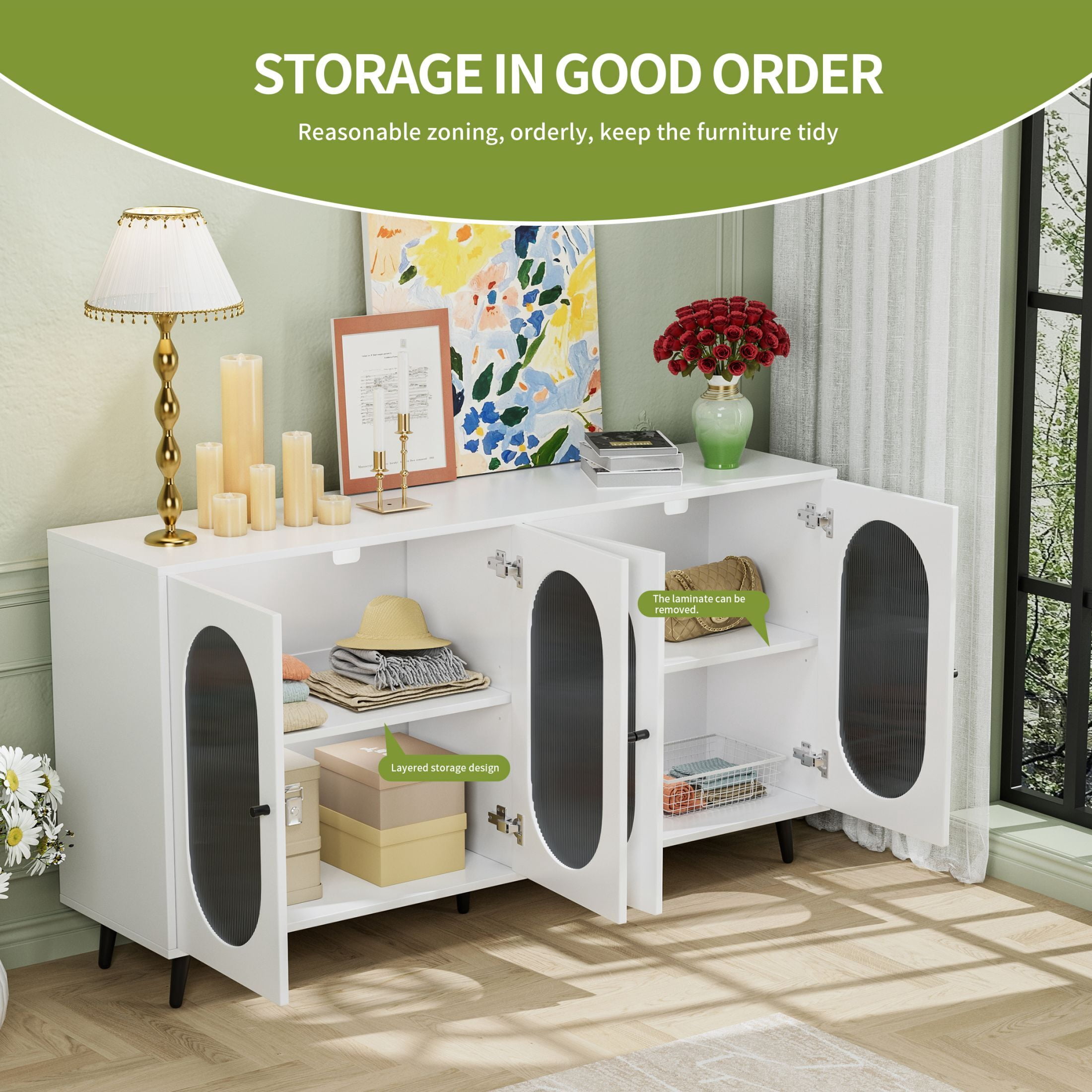 DEALTOPS Stylish Sideboard with Acrylic Cabinet Doors, Adjustable Shelves and Metal Feet and Handles, White