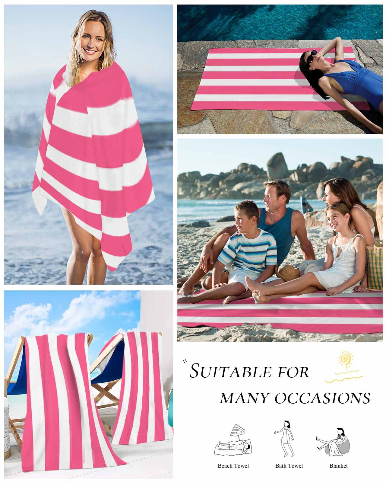 Pink Striped Beach Towels Oversized Super Absorbent, Modern Simple Monochrome Geometric White Lightweight Bath Towel Quick Dry Sets For Bathroom/Pool/Rv Camping/Beach Play/Gym Room/Picnic 23"x47"