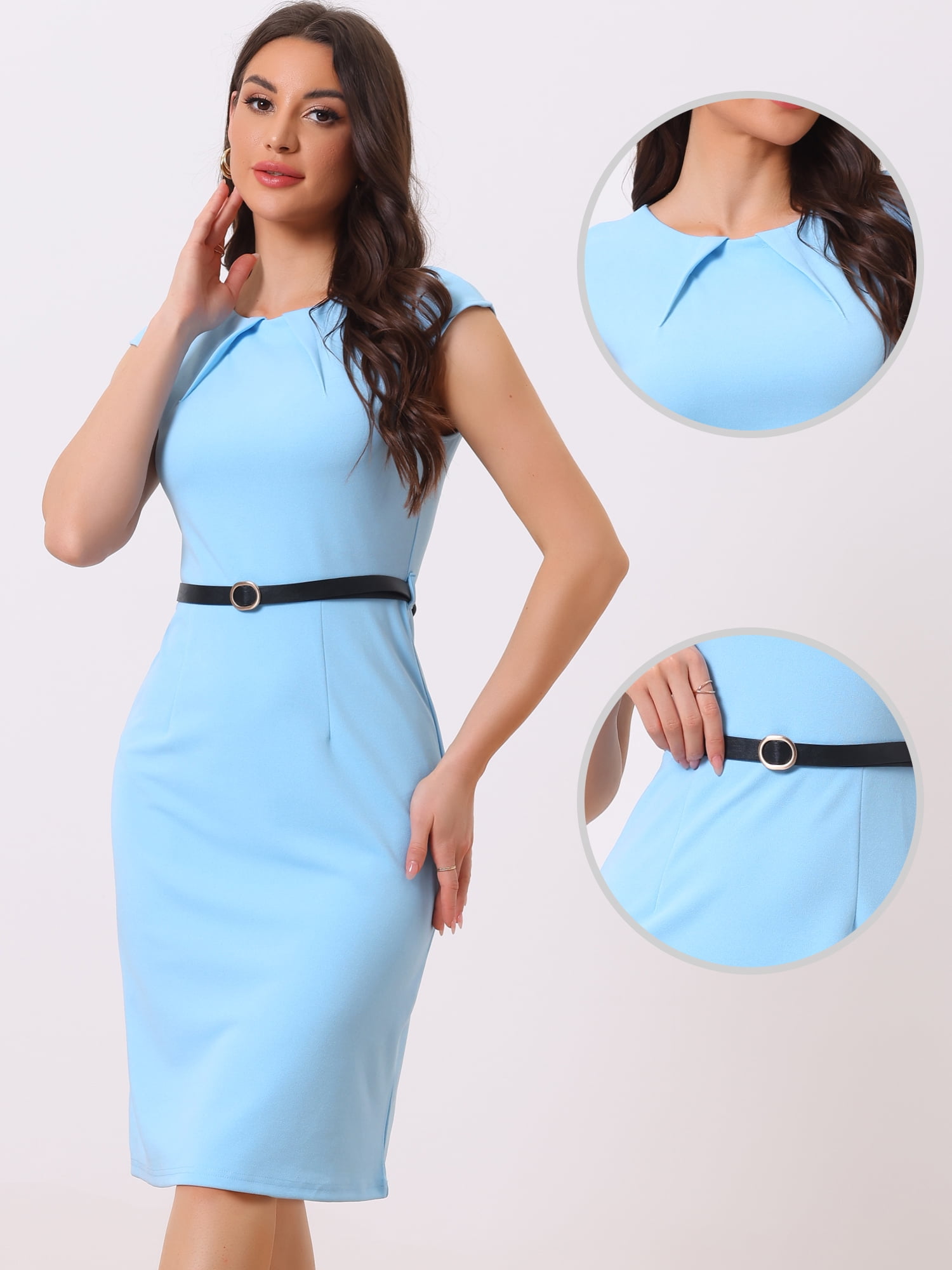 DARING DIVA Elegant Round Neck Cap Sleeve Belted Work Sheath Dresses M Sky Blue