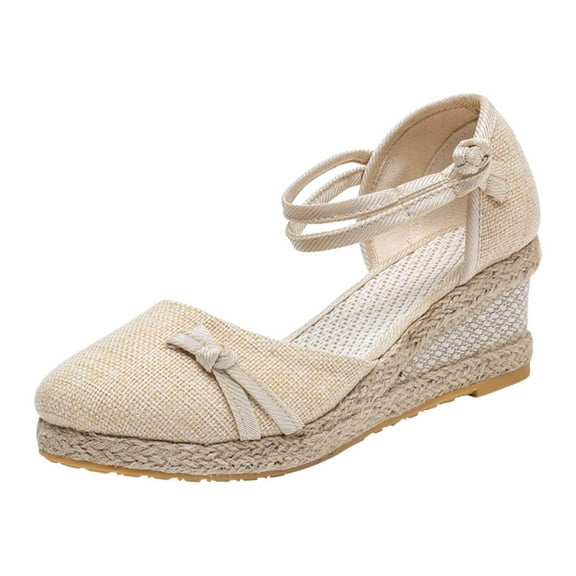 Nrmvnmi Womens Espadrilles Wedge Sandals Platform Round Toe Closed Toe Ankle Strap Lace Up Summer Shoes Beige Mothers Day Gifts