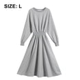 thumbnail image 2 of Vestido largo de manga larga con cuello redondo para mujer Vestido largo informal de cintura alta con cuello con lazo de color sólido (gris), L, 2 of 6