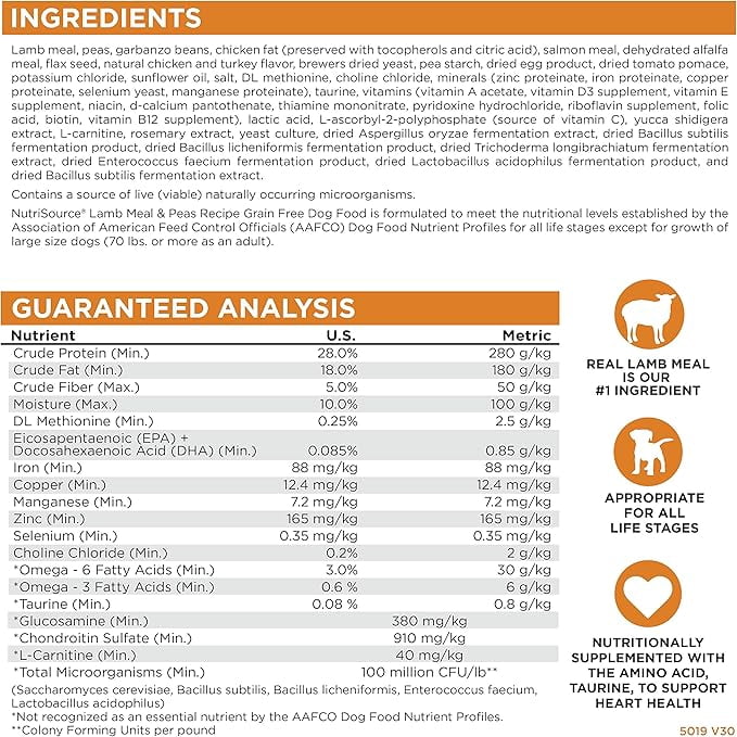 NutriSource Grain Free Dry Dog Food, Lamb Meal and Peas, 26LB