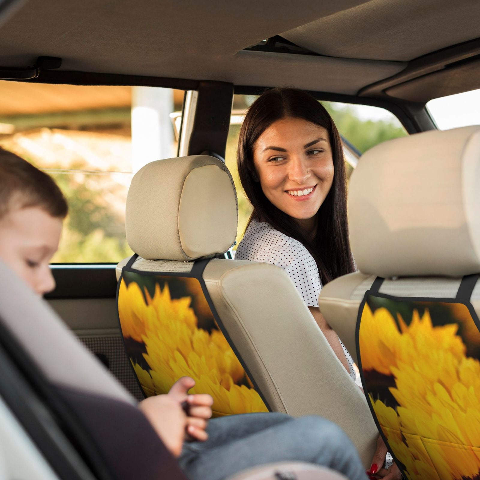 Xecao Flower Bush Sunflower Pattern Car Seat Back Protector 2 Pack Large Capacity Pocket, Kick Mats Back Seat Protector