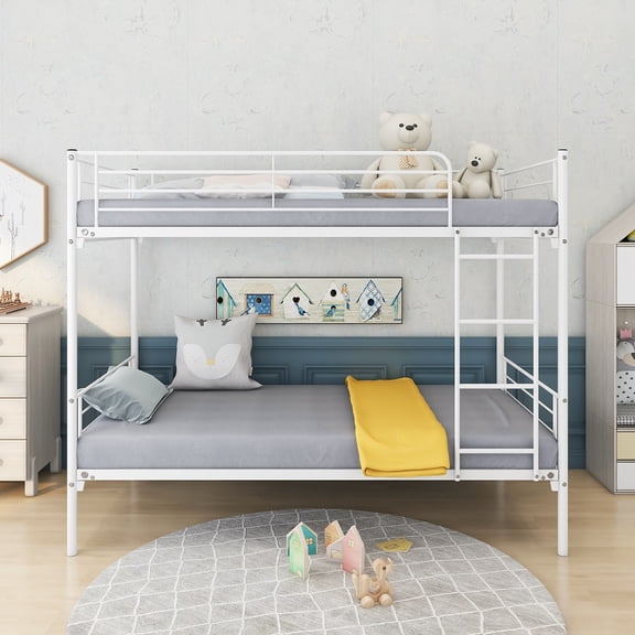 YDSM Twin-Over-Twin Bunk Bed with Metal Frame and Ladder, Space-Saving Design,White