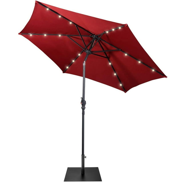 Gymax 9 Ft Patio Table Market Umbrella w/ 18 Solar LED Lights & Heavy-duty Base Wine