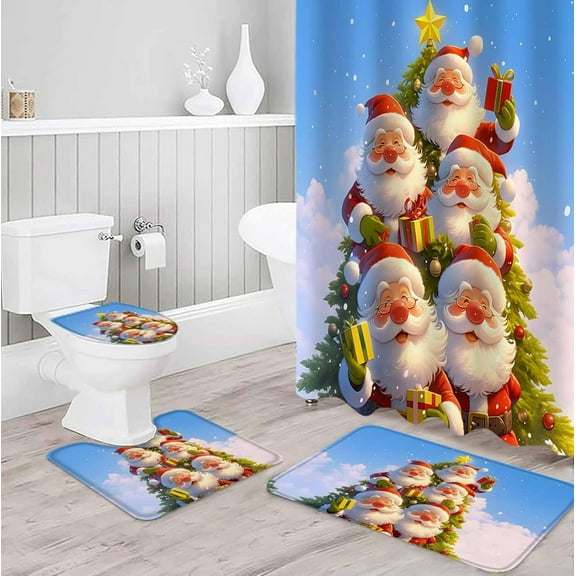 Christmas 4PCS Shower Curtain Sets with Rugs Toilet Lid Cover and Bath Mat, Cute Fun Santa Claus Gnome Xmas Tree Blue Sky Pattern with 12 Shower Curtains Hooks Waterproof Bath Decor, Large: 36"x72"