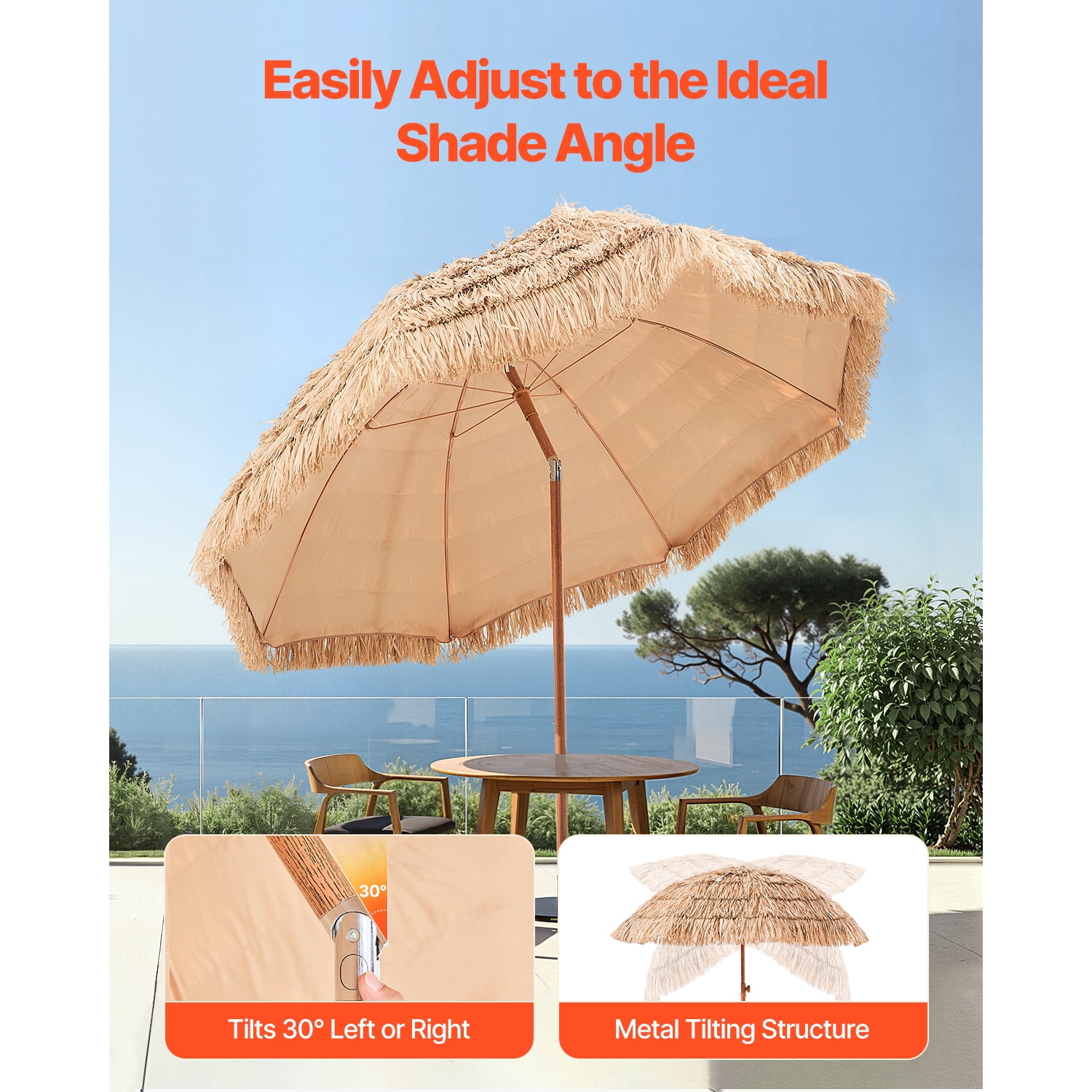 KFFKFF 8 ft Thatched Patio Umbrella with Tilt, Hawaiian Style Beach Parasol Featuring Durable PP Thatch and 8 Metal Ribs, Ideal for Beach, Patio, Poolside, Backyard, and Garden