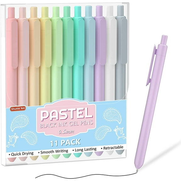 Retractable Pastel Gel Ink Pens, Shuttle Art 11 Pack Black Ink Pens, Cute Pens 0.5mm Fine Point for Writing Journaling Taking Notes