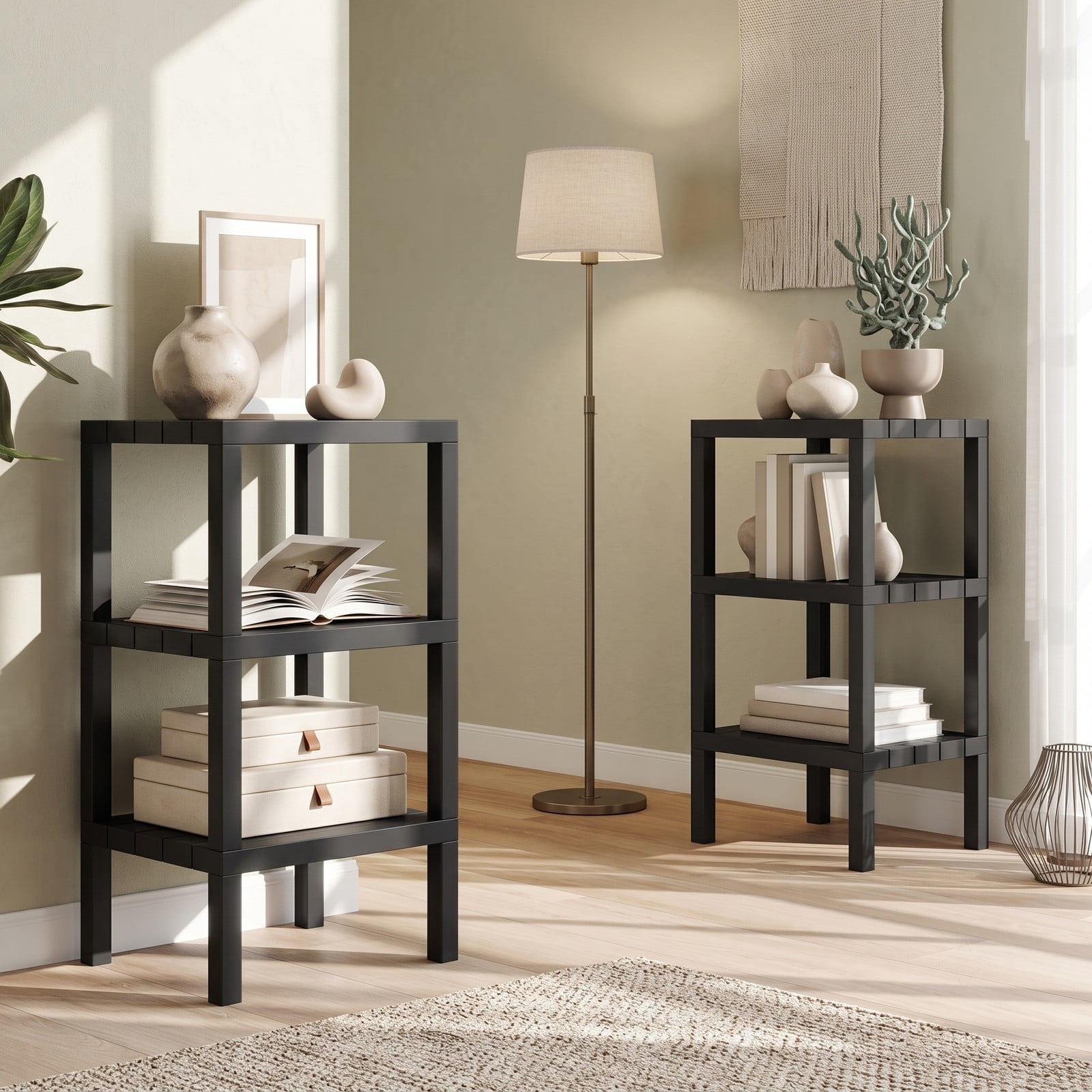 Biotree 6-Tier Plastic Modular Storage Shelves, Freestanding Open Shelving Rack Organizer for Living Room, Kitchen, Bathroom and Garage, Tool-Free Assembly, Black