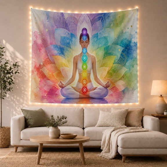 Meditating Woman with Rainbow Lotus in Watercolor Fields, Calming Psychedelic for Yoga Lovers, Mandala Wall Art Decor, Housewarming Gift, Tapestry Wall Hanging for Meditation Room and Yoga Room