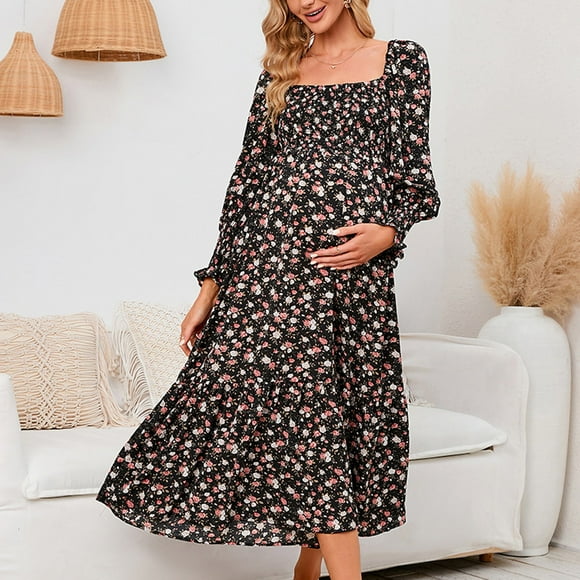 Hinvhai Robe Maxi à Fleurs pour Femmes à Encolure Carrée Liquidation Manches Bouffantes Fluide Maternité Ligne A Robe Portefeuille Baby Shower Robe de Maternité Noir 10(TG)
