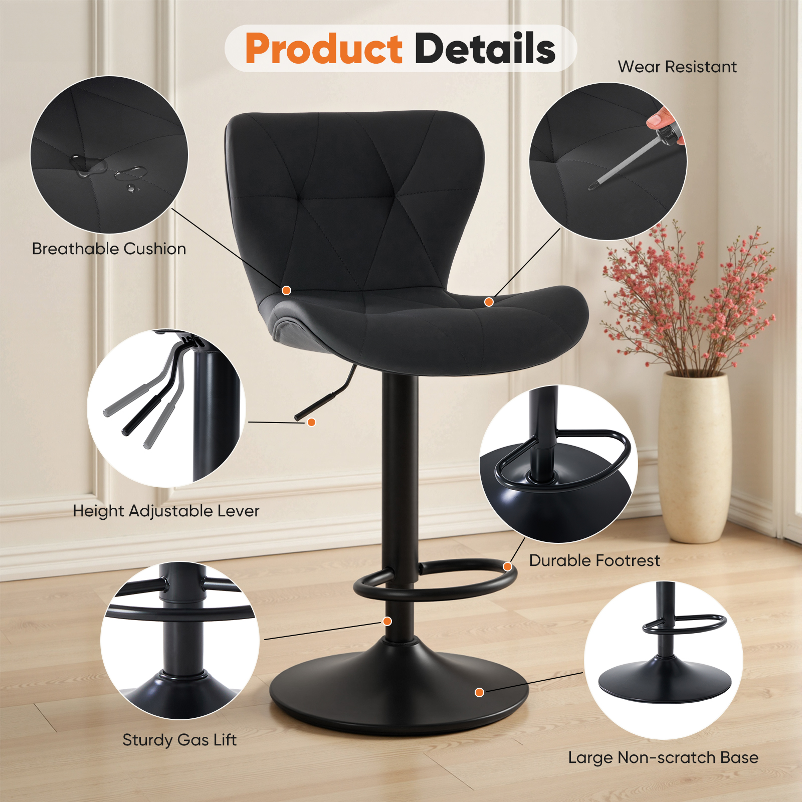 EDX Bar Stools Set of 2, Modern Adjustable Armless Swivel Counter Stools with PU Leather, Black