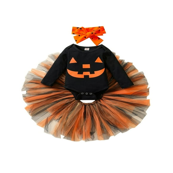 MesaSe 3pcs Newborn Baby Girl My 1st Halloween Outfits Pumpkin Romper Tutu Skirt Headbands Funny Clothes Set