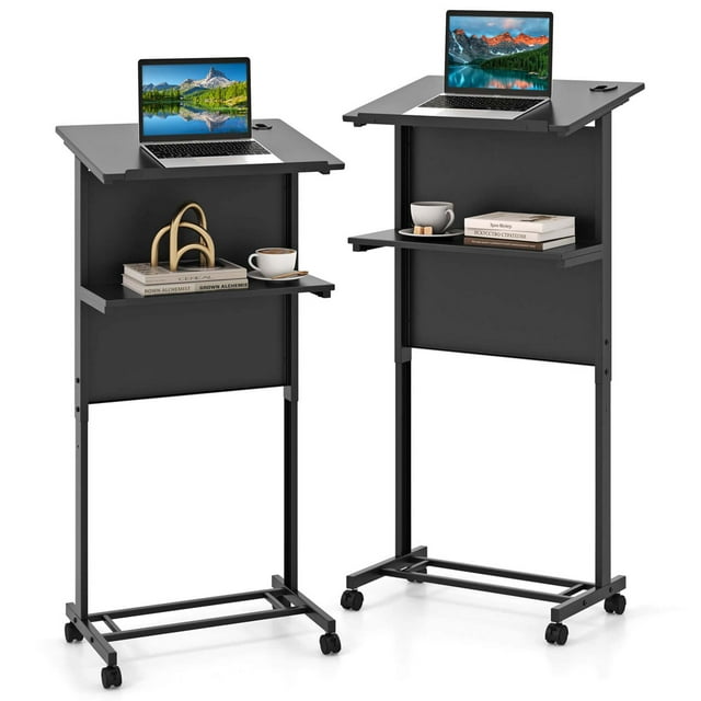 Costway 2 PCS Mobile Lectern Podium Height Adjustable Rolling Laptop Cart Black