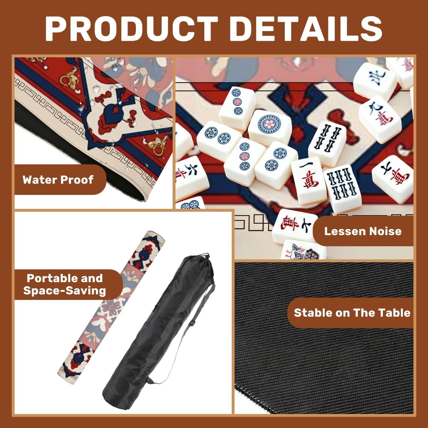 Mahjong Mat 31.5" x 31.5" Ornate Geometric Floral Red Blue Beige Vintage Decorative Style Non-Slip Noise Reduction Mahjong Tiles Table Cover for Dominoes Poker Card Board and Tile Games