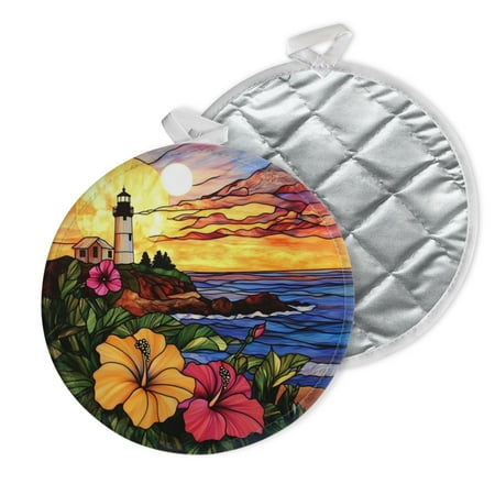 

2 PCS Pot Holders for Kitchen Potholders Sets with Hook for Oven Cooking Baking Lighthouse On The Ocean With Flowers