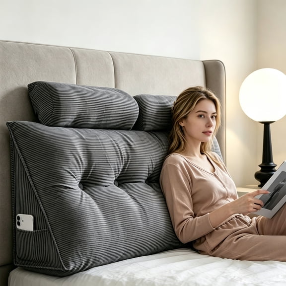 Headboard Pillow, Large Wedge Headboard Pillow with 2 Side Pockets and 2 Headrests, Bed Wedge Pillow with Washable Corduroy Material, for Reading, Gaming, Resting, Working in Bed(Grey, 50"*20"*8")