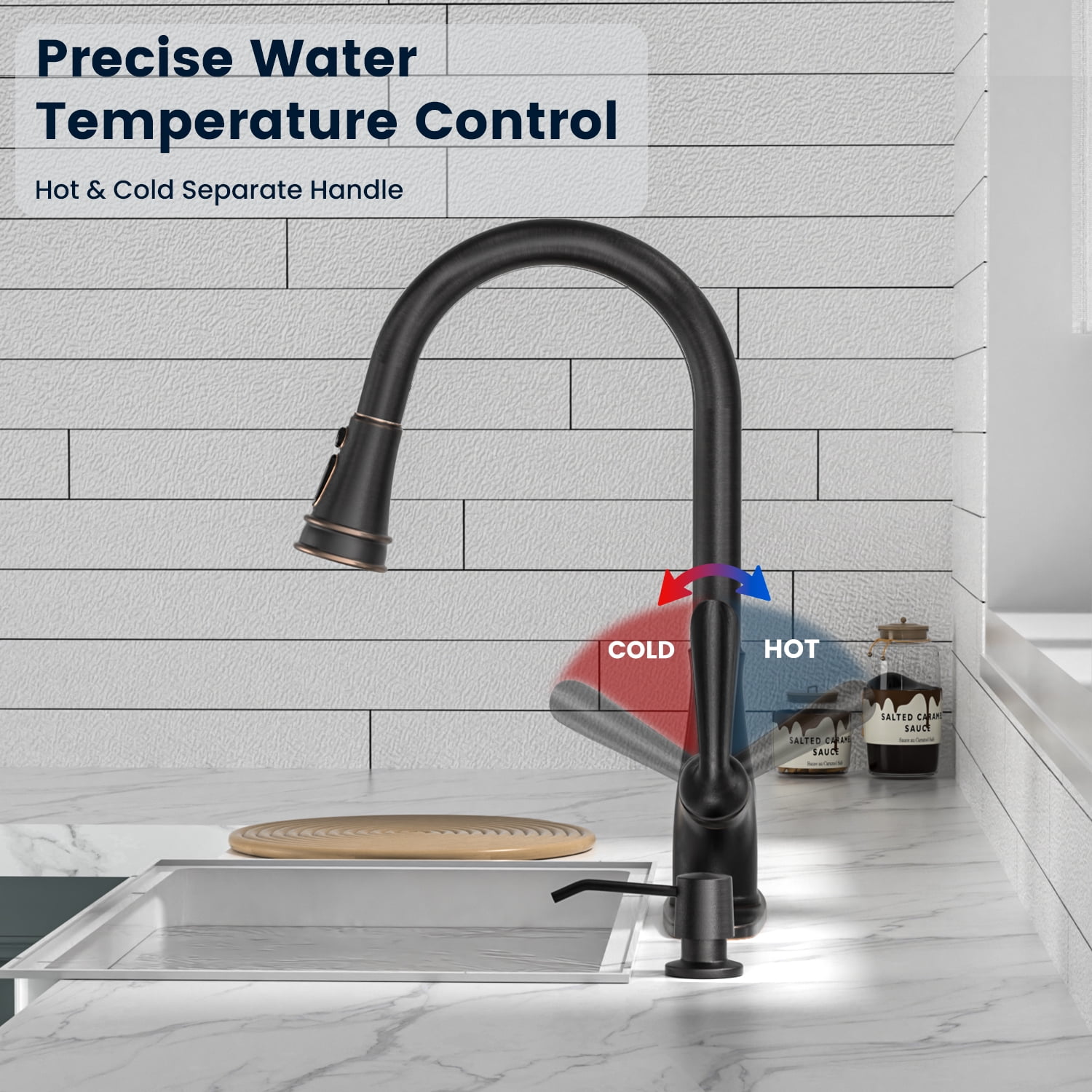 APPASO Oil Rubbed Bronze Kitchen Faucet, Stainless Steel Oil Rubbed Bronze High Arc Pull Out Kitchen Sink Faucets with Deck Plate and Soap Dispenser