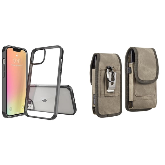 Bemz Case and Pouch Bundle for iPhone 14 Pro Max: Fusion Protector Slim Case (Black/Clear) and Vertical Rugged Denim Nylon Belt Holster (Brown)