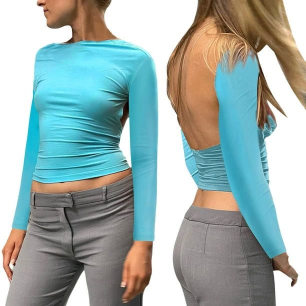 Top corto sin espalda de manga corta liso para mujer: camiseta sexy informal para la playa con cuello redondo y corte ajustado