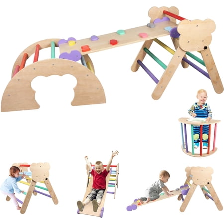 Pikler Triangle Set, 9 in 1 Foldable Toddler Climbing Toys Indoor, Wooden Montessori Climbing Set with Sliding Ramp Ladder Arch Collapsible Storage Bin, Playground Jungle Gym for Toddlers