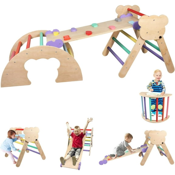 Pikler Triangle Set, 9 in 1 Foldable Toddler Climbing Toys Indoor, Wooden Montessori Climbing Set with Sliding Ramp Ladder Arch Collapsible Storage Bin, Playground Jungle Gym for Toddlers