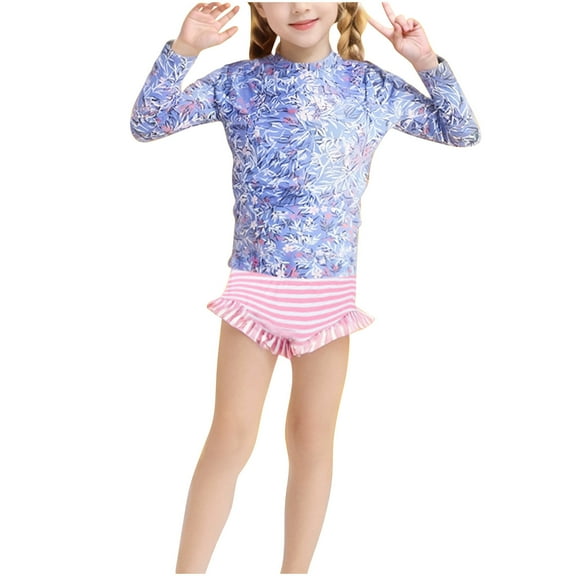 Odeerbi 8-12 Years Kids Girls Long Sleeve Rash Guard Swimsuits Summer Beach Two Pieces Athletic Training Swimsuit Hawaiian Surfing Swimwear Sunscreen Seaside Bikini Bottom Set