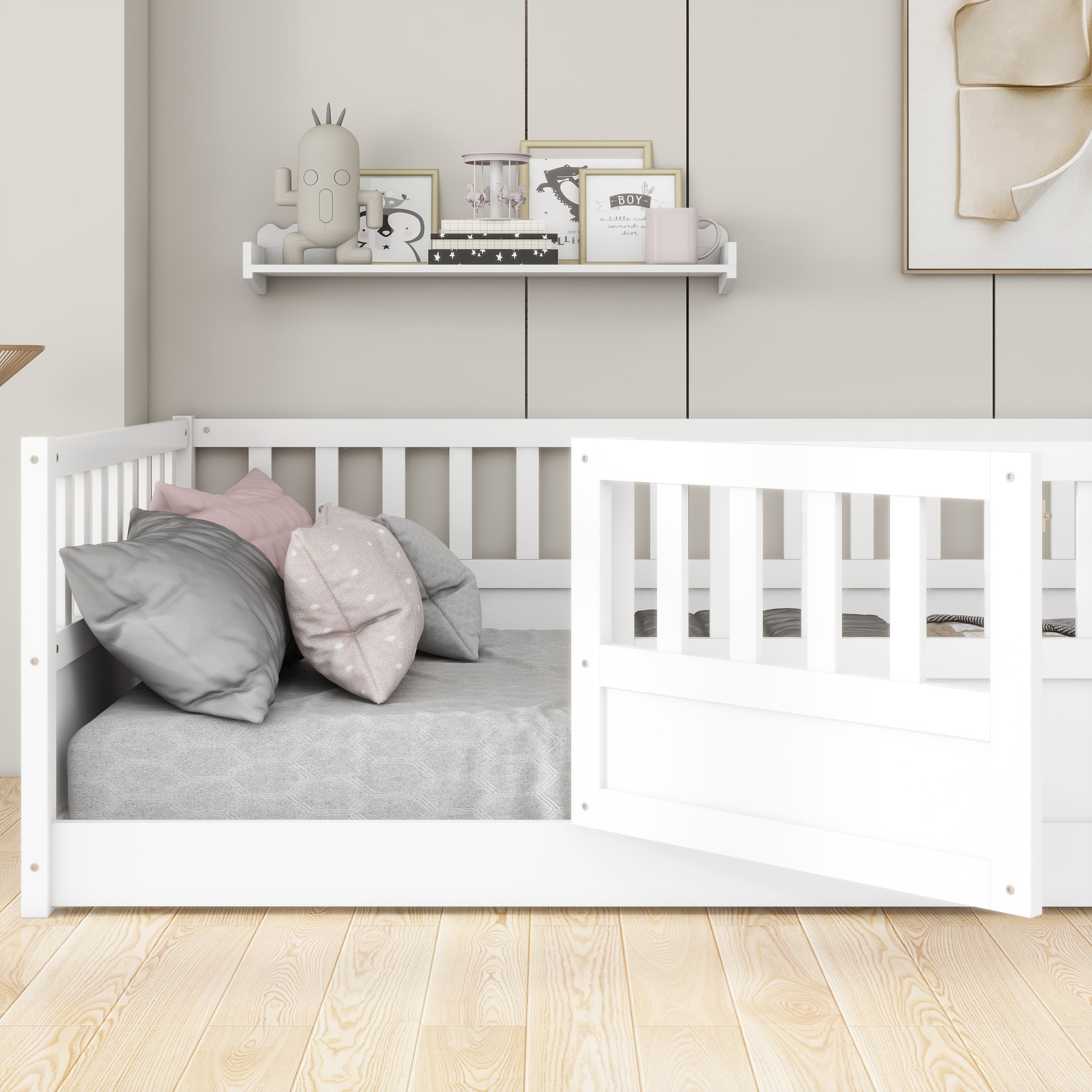PORKISS Twin Floor Bed, Wooden Kids Bed Frame with High Rails and Slats, Low Toddler Bed with Built-in Door, No Box Spring Needed, Montessori Bed Frame for Children, White