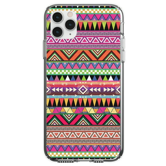 DistinctInk Clear Shockproof Hybrid Case for iPhone 12 / 12 PRO (6.1" Screen) - TPU Bumper, Acrylic Back, Tempered Glass Screen Protector - Pink Blue Orange Tribal Print