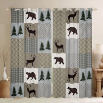 Homewish Safari Deer Bear Curtains Pack of 2 (42x84 Each) for Female Men Adults,Jungle Animal Curtains Blackout,Grey Plaid Checkered Bedroom Curtains,Lightweight Room Decor