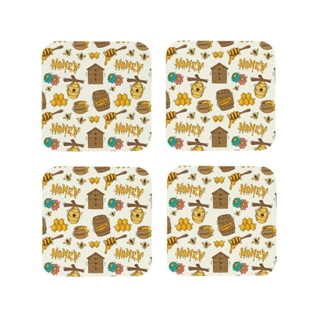 

Fuzoiu Honeycomb And Honey Print Leather Coasters Set Drink Coasters Set of 4 for Tabletop Protection Durable PVC Coasters Home Décor and Housewarming Gift-Square