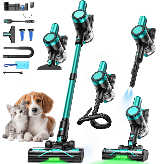 H28 Cordless Stick Vacuum Cleaner, 500W Brushless Motor, Self-Standing, Wall Charging, 55 Min Runtime, Lightweight for Hard Floors & Carpets, Cyan