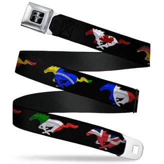 Buckle-Down Ford Mustang Seatbelt Belt - Black/White Logo, Adjustable 20-36", 1.0" Wide