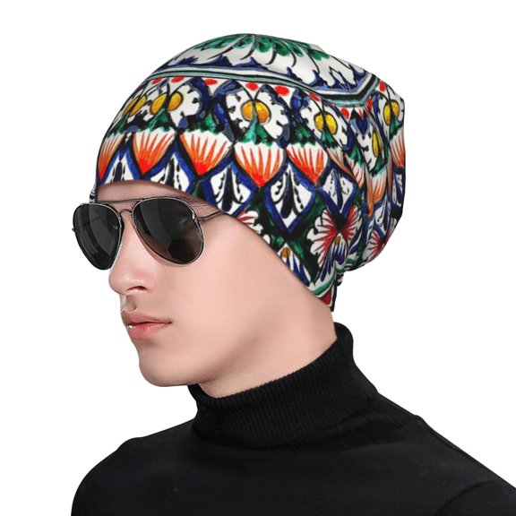 Xecao Colorful With Blue Oriental Print Beanie Knitted Hat for Men Women, Winter Fashion Knit Cuffed Caps Unisex