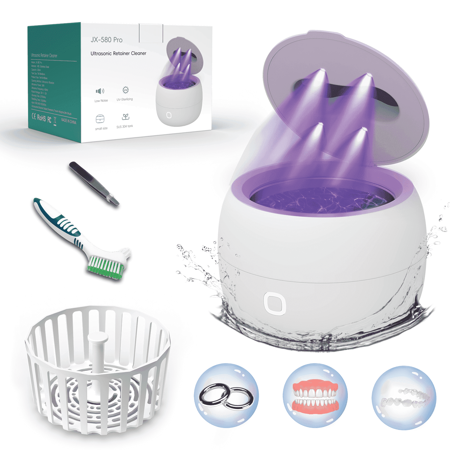 Ultrasonic Retainer Cleaner, 45kHz Retainer Cleaner Machine for Dentures, 4 Mode Dental Cleaning Pod with 200ML Capacity for Retainer Cleaning, Aligner, Mouth Guard, Toothbrush Head, Braces