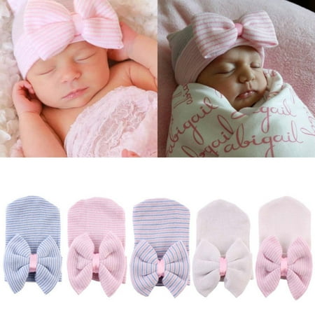 The Noble Collection Cute Baby Girls Infant Striped Cap Hospital Newborn Soft Bow Beanie Hat