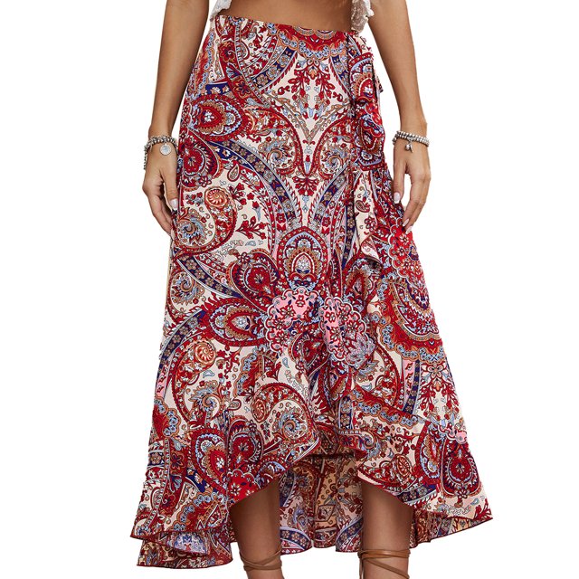 Falda de cintura alta de verano para mujer, falda informal de moda con dobladillo con volantes y estampado de verano para citas, fiestas y viajes