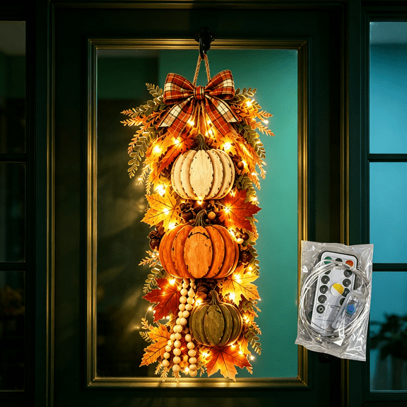 Fall Pumpkin Swag Door Hanging Lighted Maple Leaf Decor with Remote LED Lights for Front Door & Wall
