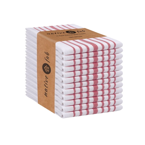 Native Fab 12 Pack Scandia Stripe Dish Towel 16x26 - Absorbent Cotton Kitchen washcloths - Red